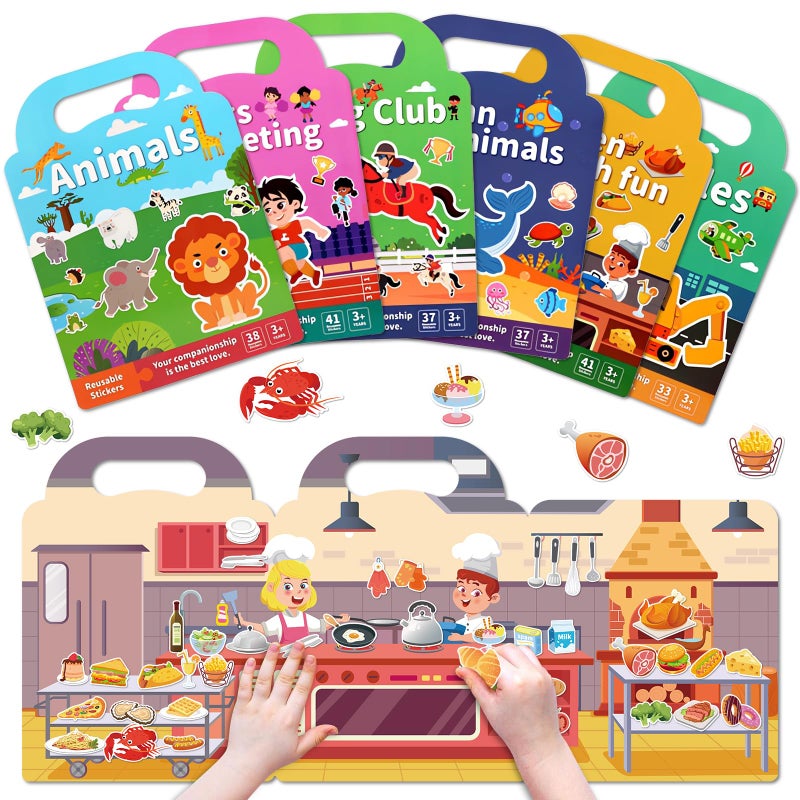 Lerifer Jelly Sticker Books for Kids 245 Set Reusable Sticker Activity Books for Toddler 13 Travel Toys for 2 Boy Girl 6 Set AnimalsVehiclesOcean AnimalsSportsKitchen FunHorse Riding - Image 2