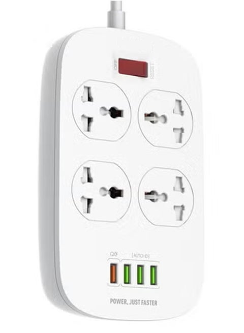 4 Power Sockets and 18W USB Ports Series 2500W Power Strip with QC USB Fast Charging Port – Durable White Power Extension Cord with Overload Protection, 2-Meter Cable Length, Compatible with UAE Electrical Standards, Multi-Device Charging Station