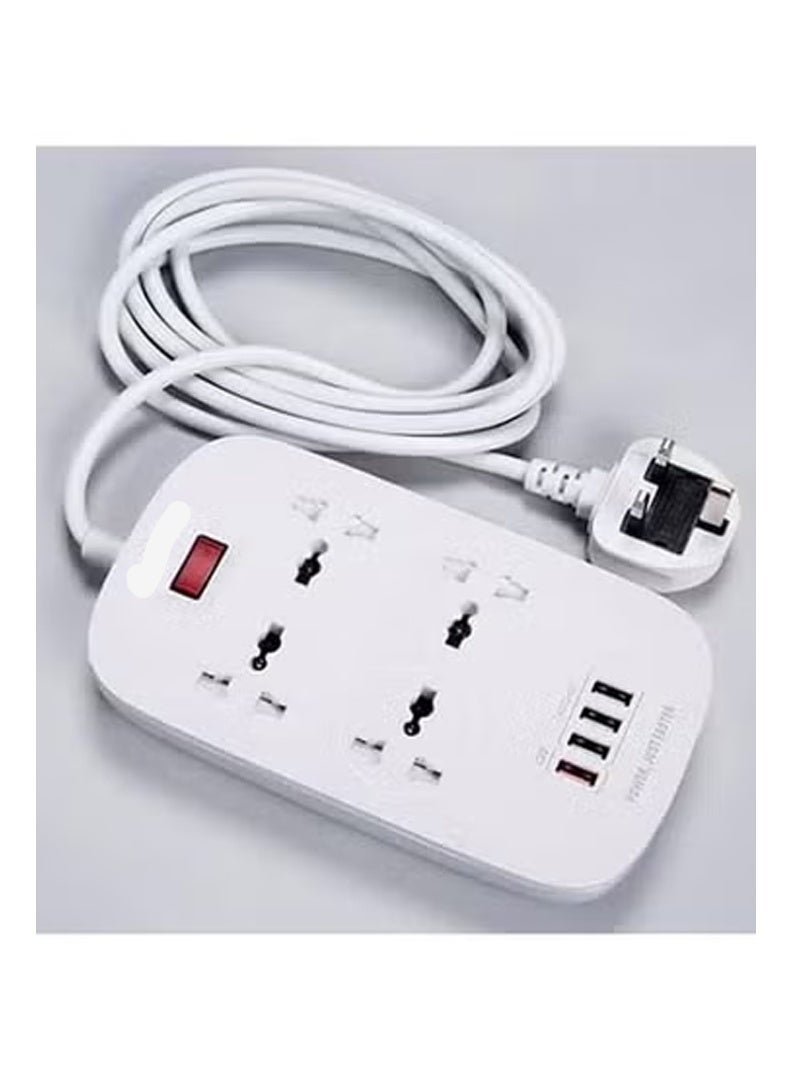 4 Power Sockets and 18W USB Ports Series 2500W Power Strip with QC USB Fast Charging Port – Durable White Power Extension Cord with Overload Protection, 2-Meter Cable Length, Compatible with UAE Electrical Standards, Multi-Device Charging Station