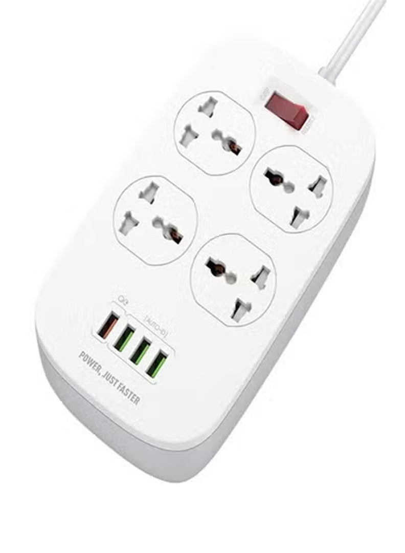 4 Power Sockets and 18W USB Ports Series 2500W Power Strip with QC USB Fast Charging Port – Durable White Power Extension Cord with Overload Protection, 2-Meter Cable Length, Compatible with UAE Electrical Standards, Multi-Device Charging Station