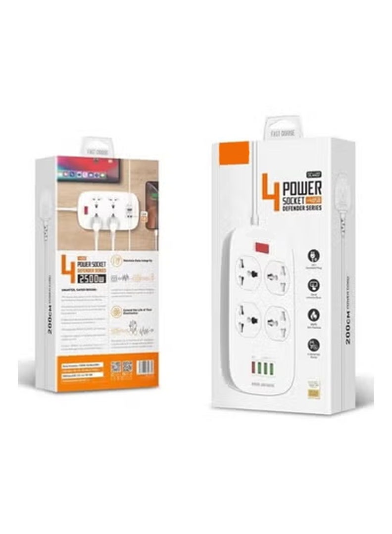 4 Power Sockets and 18W USB Ports Series 2500W Power Strip with QC USB Fast Charging Port – Durable White Power Extension Cord with Overload Protection, 2-Meter Cable Length, Compatible with UAE Electrical Standards, Multi-Device Charging Station