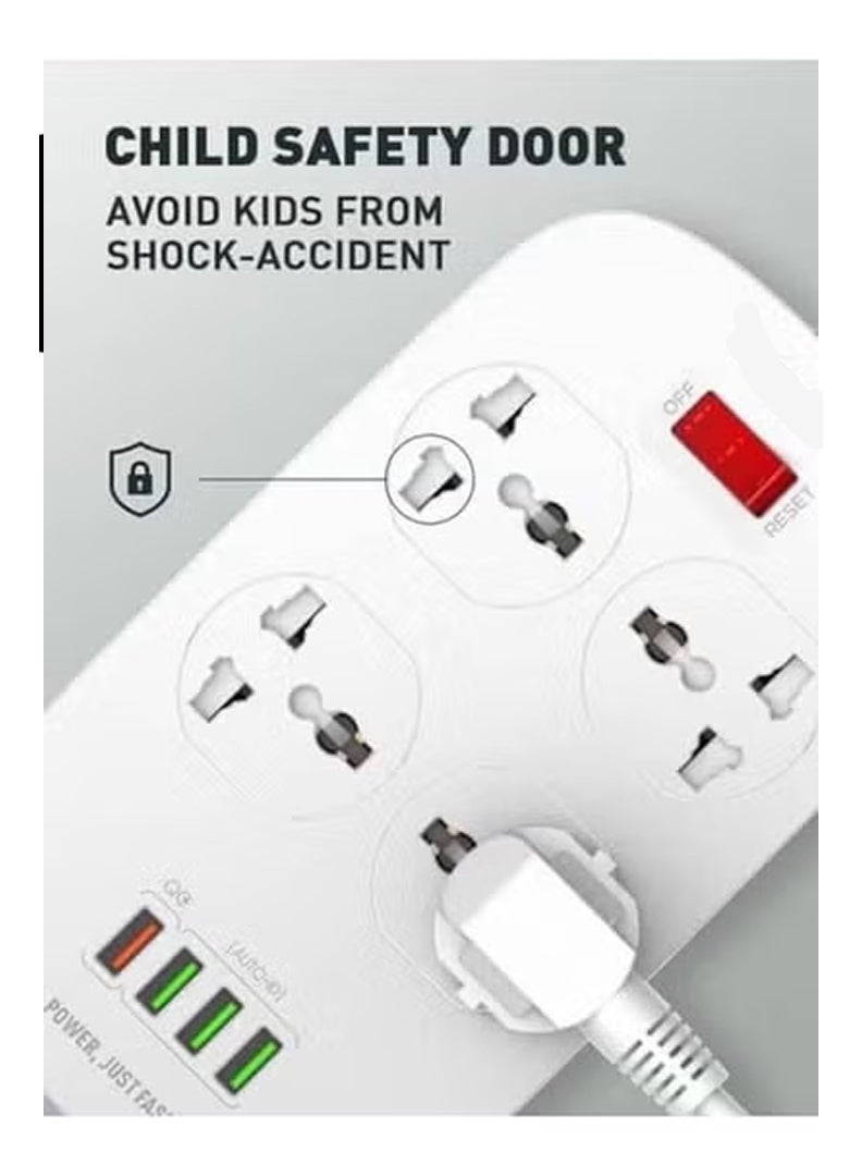4 Power Sockets and 18W USB Ports Series 2500W Power Strip with QC USB Fast Charging Port – Durable White Power Extension Cord with Overload Protection, 2-Meter Cable Length, Compatible with UAE Electrical Standards, Multi-Device Charging Station