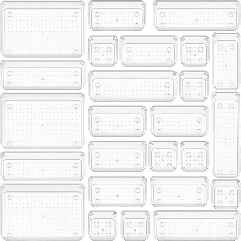 Snazzy 25 PCS Clear Plastic Drawer Organizer Set NonSlipCrack Bathroom Vanity Drawer Organizer Trays Dividers Versatile Storage Bins for Makeup Jewelry and Office Desk - Image 1