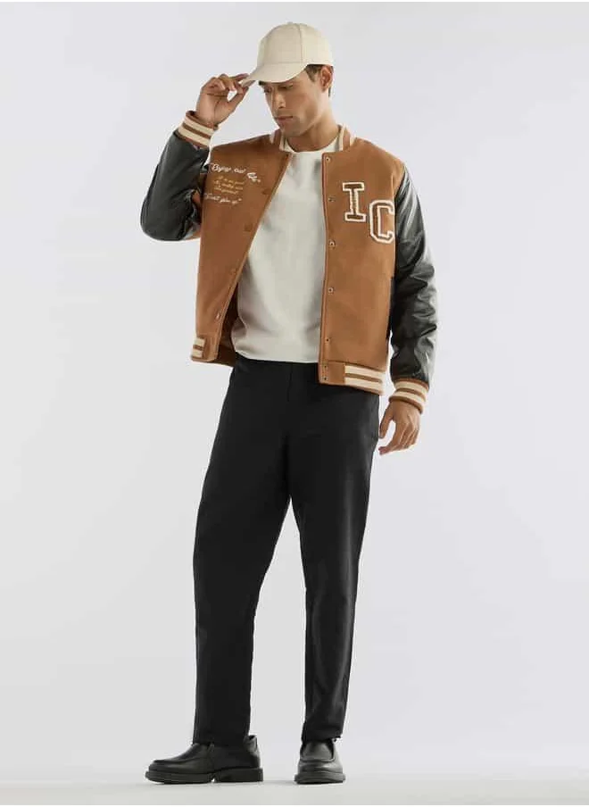 FAV Slogan Detail Button Through Bomber Jacket with Pockets and Long Sleeves