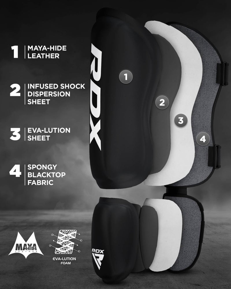 RDX Shin Guards Kickboxing Muay Thai, SATRA SMMAF Approved, Premium Maya Hide Leather, Leg Instep Protection Pads, MMA Martial Arts Kicking Sparring Training Gear, BJJ Karate Boxing Taekwondo, Black - Image 3