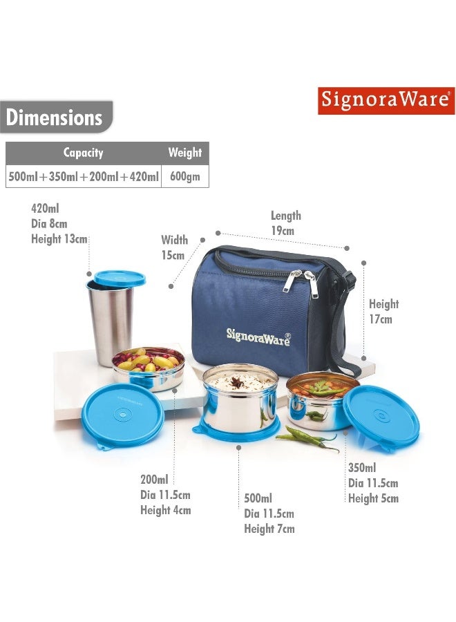 Signoraware Best Stainless-Steel Lunch Box Set 5 (containers of size 350ml + 500ml + 200ml + tumbler 370ml + Lunch Bag) | Stainless-Steel Leak-Proof Containers - Image 2