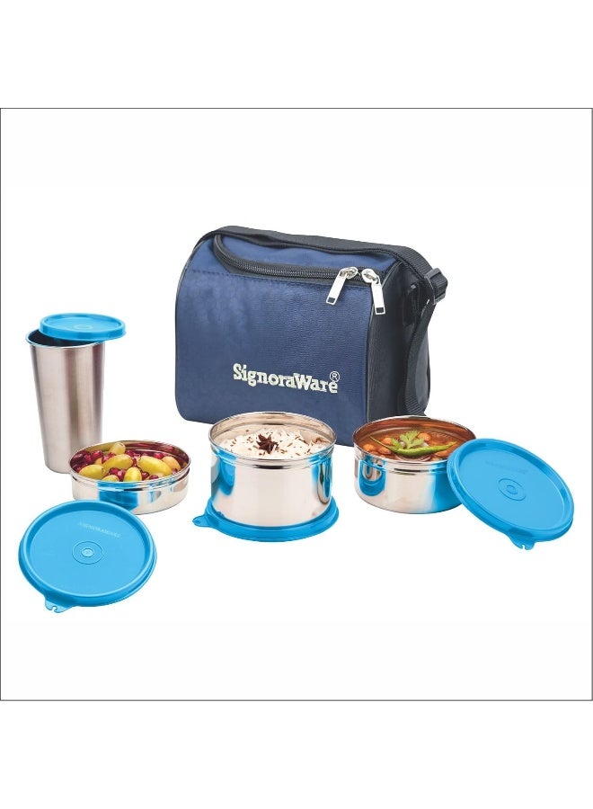Signoraware Best Stainless-Steel Lunch Box Set 5 (containers of size 350ml + 500ml + 200ml + tumbler 370ml + Lunch Bag) | Stainless-Steel Leak-Proof Containers - Image 1