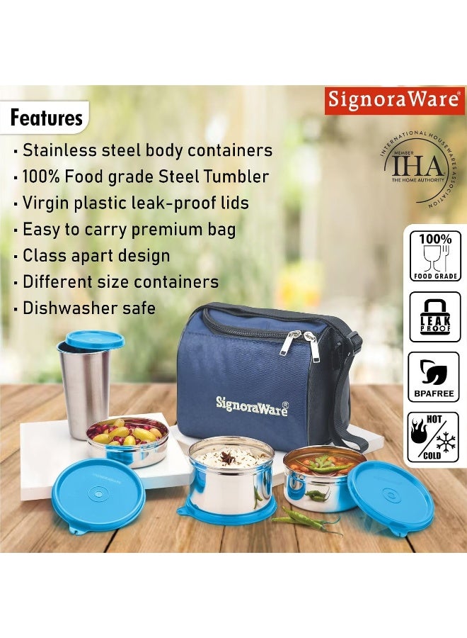 Signoraware Best Stainless-Steel Lunch Box Set 5 (containers of size 350ml + 500ml + 200ml + tumbler 370ml + Lunch Bag) | Stainless-Steel Leak-Proof Containers - Image 4