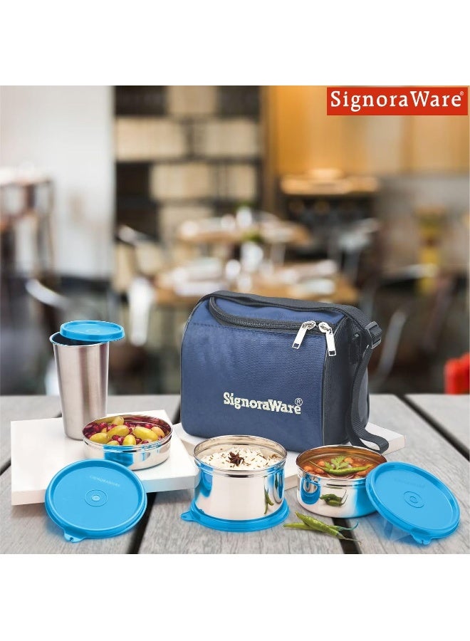 Signoraware Best Stainless-Steel Lunch Box Set 5 (containers of size 350ml + 500ml + 200ml + tumbler 370ml + Lunch Bag) | Stainless-Steel Leak-Proof Containers - Image 3