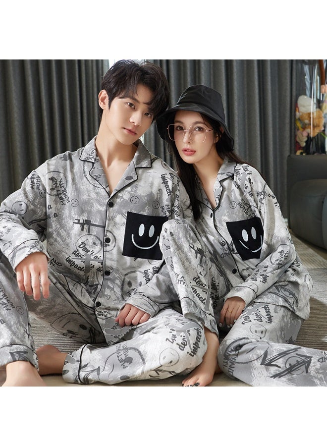 Couple's Autumn  Cotton Long Sleeve Pajamas Set Loose Fit Casual Homewear For Teens and Men Sleepwear Cardigan Lapel Suit - Image 1
