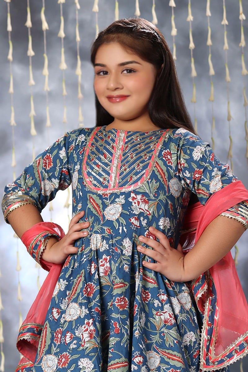 Naixa Girl's Rayon Floral Pattern Anarkali Dress Dhoti Dupatta Set with 3/4 Sleeve Round Neck Knee Length and Pull On Closure Type Fit & Flare| Dress for Girl's - Image 4
