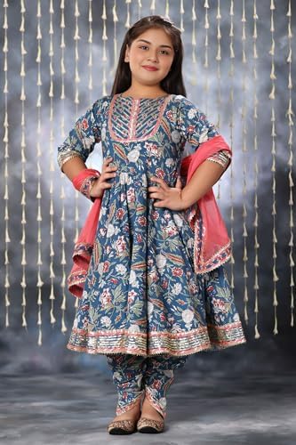 Naixa Girl's Rayon Floral Pattern Anarkali Dress Dhoti Dupatta Set with 3/4 Sleeve Round Neck Knee Length and Pull On Closure Type Fit & Flare| Dress for Girl's - Image 5