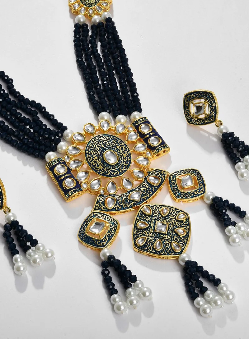 SOHI Black & White Stone Studded & Beaded Jewellery Set