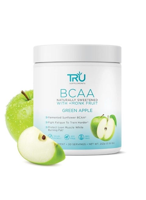 TRU BCAA, Plant Based Branched Chain Amino Acids, Vegan Friendly, Zero Calories, No artificials sweeteners or Dyes, 30 Servings, Green Apple