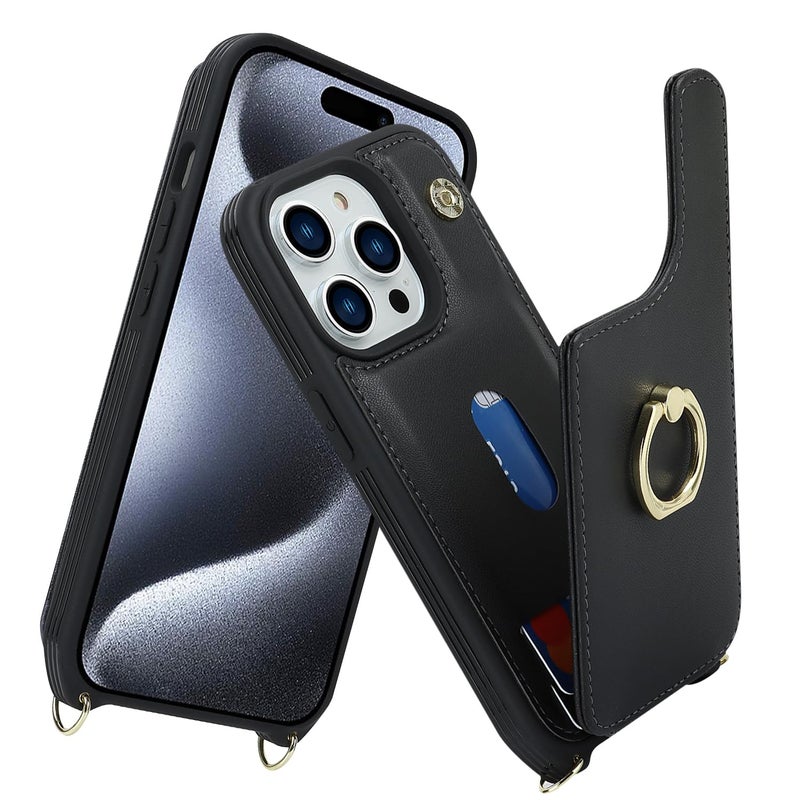 Lipvina for iPhone 15 Pro Max Case with Card Holder for Women,iPhone 15 Pro Max Phone Case with Strap,Crossbody Lanyard,Ring Stand,Snap Clasp,Phone Wallet Cases 6.7 inch (Black) - Image 2