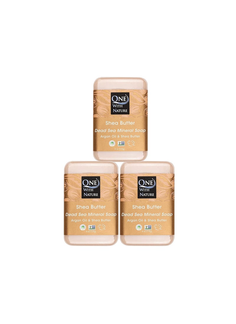 ONE WITH NATURE One With Nature Dead Sea Mineral Shea Butter Soap 4oz 3Pack with Argan Oil - Dead Sea Salt Contains Magnesium, Sulfur & 21 Essential Minerals for All Skin Types, Eczema, Psoriasis, Acne, 100% Natural 