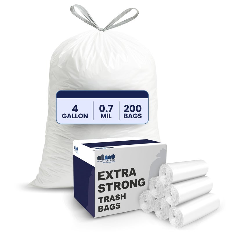 Plasticplace 4 Gallon White Drawstring Trash Bags, 200 Count (Pack of 1) â€“ 0.7 Mil Leak-Proof Garbage Liners for Small Trash Can, Bathroom, Kitchen, Office, and Car Use - Image 1