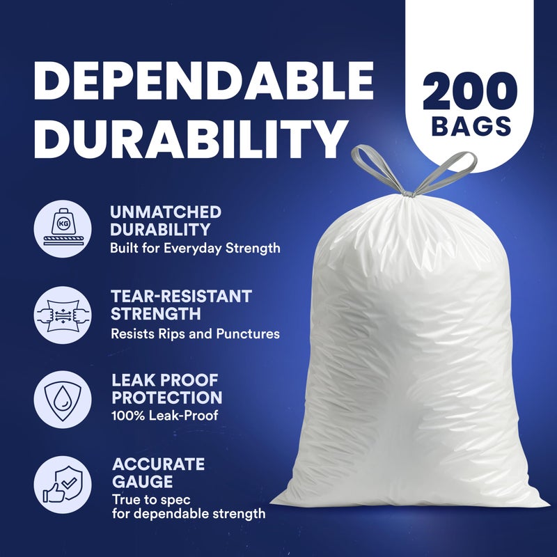 Plasticplace 4 Gallon White Drawstring Trash Bags, 200 Count (Pack of 1) â€“ 0.7 Mil Leak-Proof Garbage Liners for Small Trash Can, Bathroom, Kitchen, Office, and Car Use - Image 4