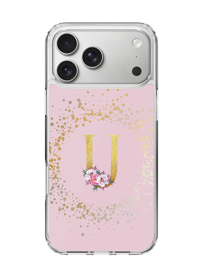 Stylizedd Classic Clear MagSafe Case for iPhone 17 Pro Max , Hybrid Soft Case Flexible Edges Anti Drop TPU PC Gel Thin Transparent Cover [ Designed for iPhone 17 Pro Max ] - Custom Monogram Initial Letter Floral Pattern Alphabet - U  (Pink )