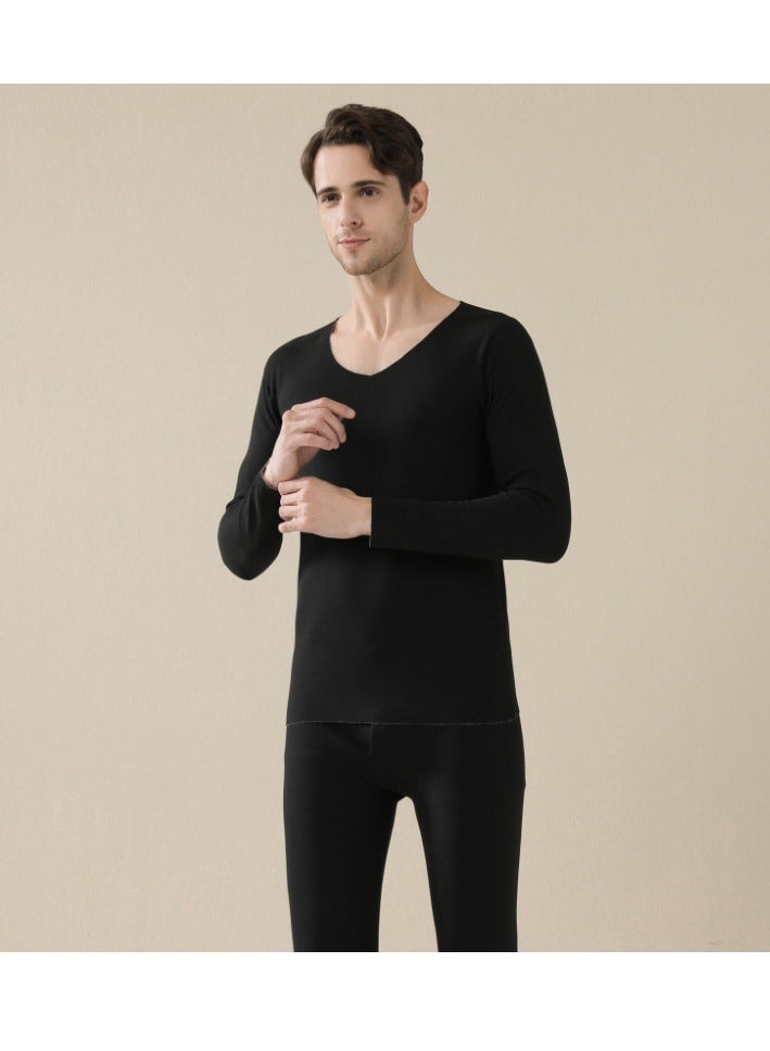 Loquat Men Autumn/Winter Bottomless Shirt Trackless Thermal Underwear Set Black  - Image 1