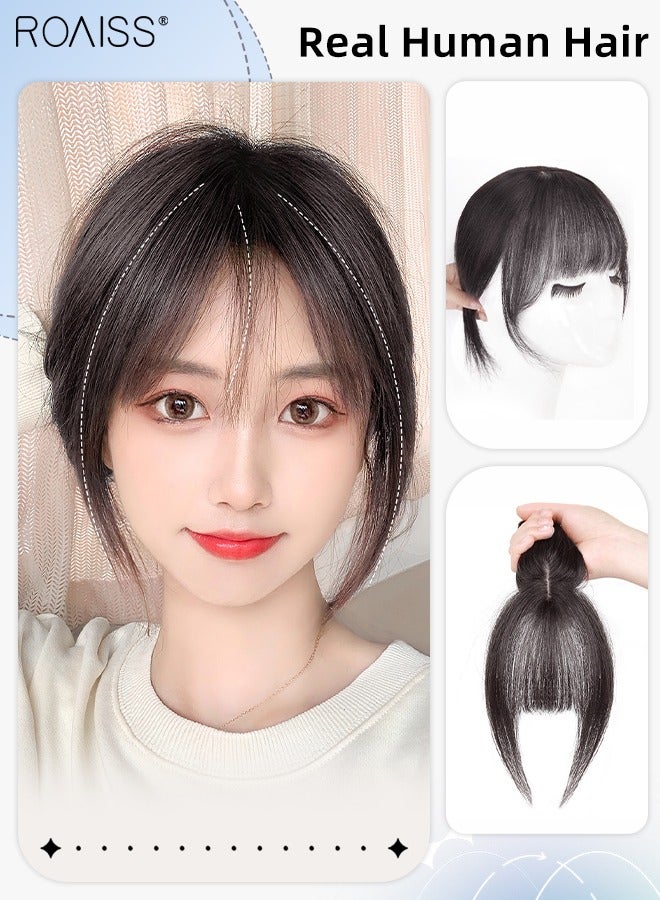 رويس توبرات الشعر البشري الحقيقي ثلاثية الأبعاد للنساء، حواف شعر مع مشابك على الطراز الفرنسي، قطع الشعر للنساء اللواتي يعانين من تساقط الشعر وفقدان الشعر وتغطية الشعر الرمادي، بني أسود - Image 1