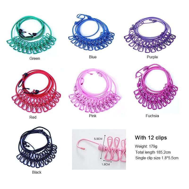 Fayby Travel Elastic Clothesline Laundry Line Camping Clothes Rope Multi Functional Drying Rope with 12 Clips for Outdoor Indoor WindProof Clothesline Multicolor - Image 2