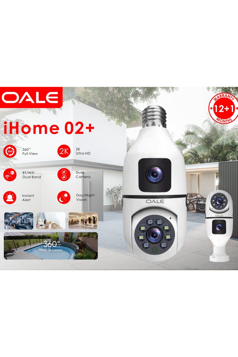 OALE 2 Pcs iHome 02+ Smart Security Camera 2K Resolution, 360° Full View Day & Night Vision, Outdoor Security Camera For Home & Indoor WiFi IP Cameras Dual Camera BT/Wifi Dual Band Instant Alert Bulb Camera With Holder E27 Base  - Image 4