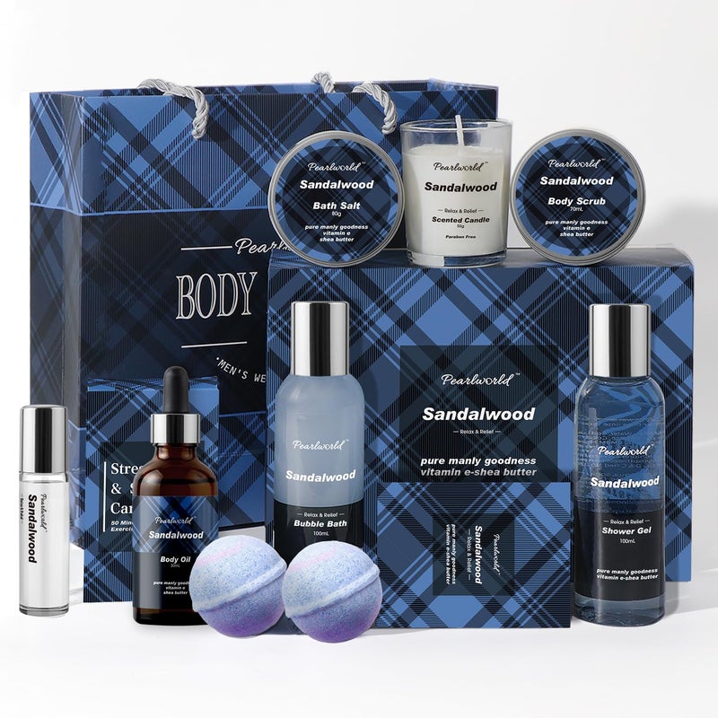 PEARLWORLD Bath Set with Ocean Scented Spa Gifts for Men Christmas Birthday Self Skin Care Set for Men Spa Gift Baskets for Him 12Pcs Mens Spa Kit Gifts for Bath Spa