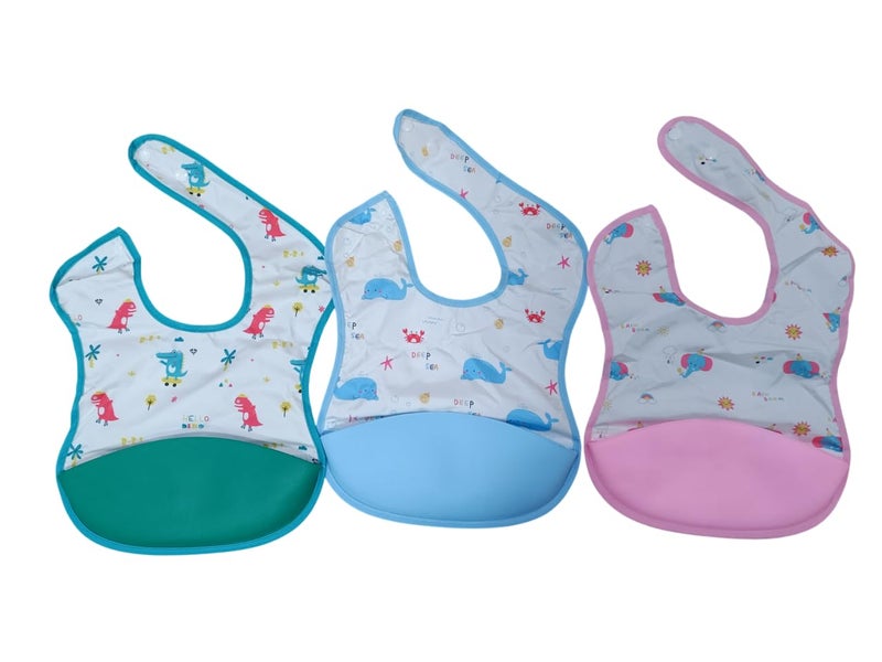 BabyGo Silicone Baby Pocket Bib | Waterproof Spill-Resistant Feeding Bib for Infants & Toddlers | Adjustable, Soft & Gentle on Skin | Washable, Reusable Meal Time Bib | Set of 3 (Multicolor) - Image 1