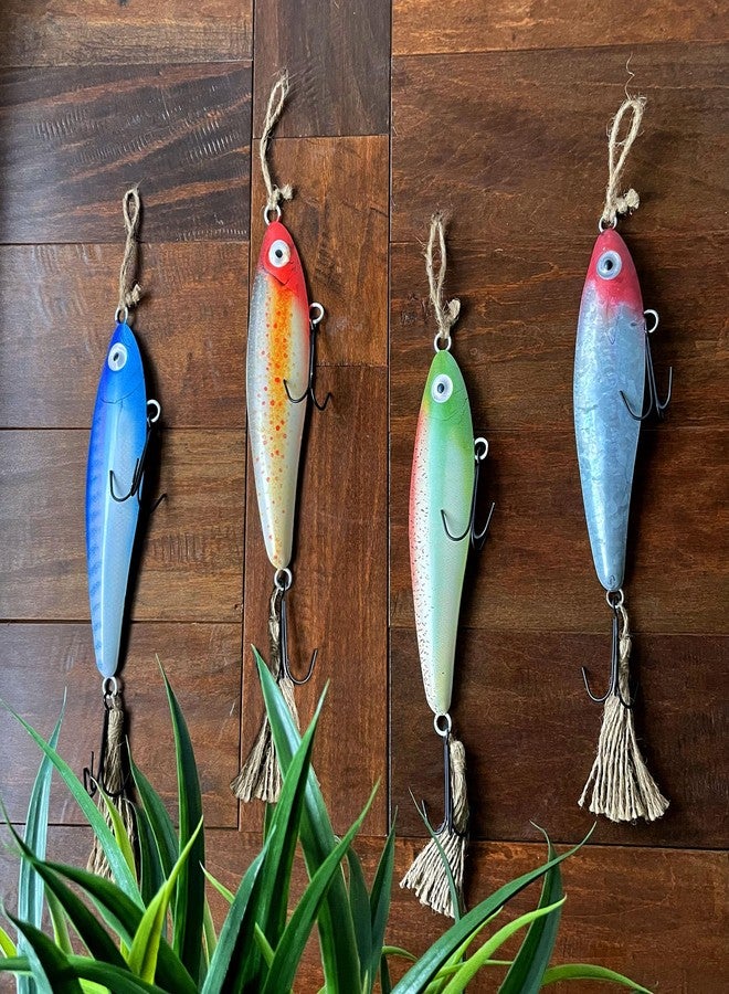 Things2Die4 Vintage Metal Fishing Lure Wall Hangings - Set of 4 - Coastal Decor - Multicolor Finish with Jute Hangers - Nautical Wall Art for Beach House, Kitchen, or Living Room - Image 4