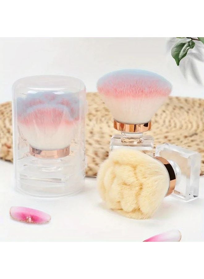 Model C Round Head Loose Powder Brush Fluffy Pink White Bristles Transparent Handle - Image 2