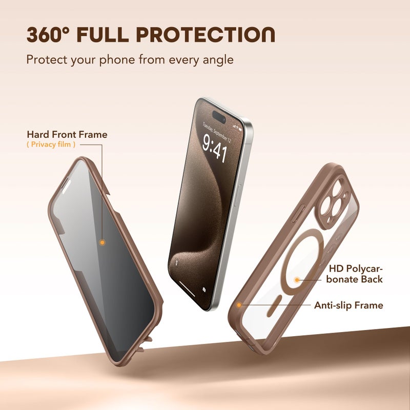 TIESZEN for iPhone 15 Pro Max Case, Compatible with MagSafe, Built-in Privacy Screen Protector and Camera Protection, Anti Spy Full Body Dustproof Shockproof Hard Phone Case 6.7", Brown - Image 3