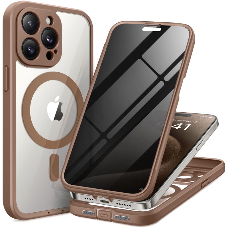 TIESZEN for iPhone 15 Pro Max Case, Compatible with MagSafe, Built-in Privacy Screen Protector and Camera Protection, Anti Spy Full Body Dustproof Shockproof Hard Phone Case 6.7", Brown - Image 1