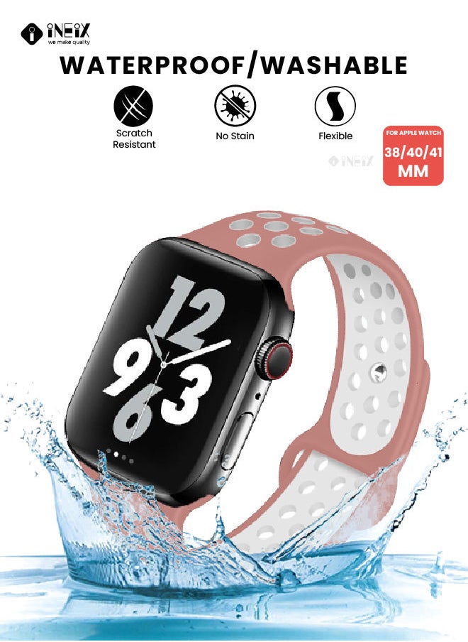 INEIX - Soft Silicone Sport Nike Edition Replacement Strap For Apple Watch 38/40/41 mm - Pink/White - Image 1