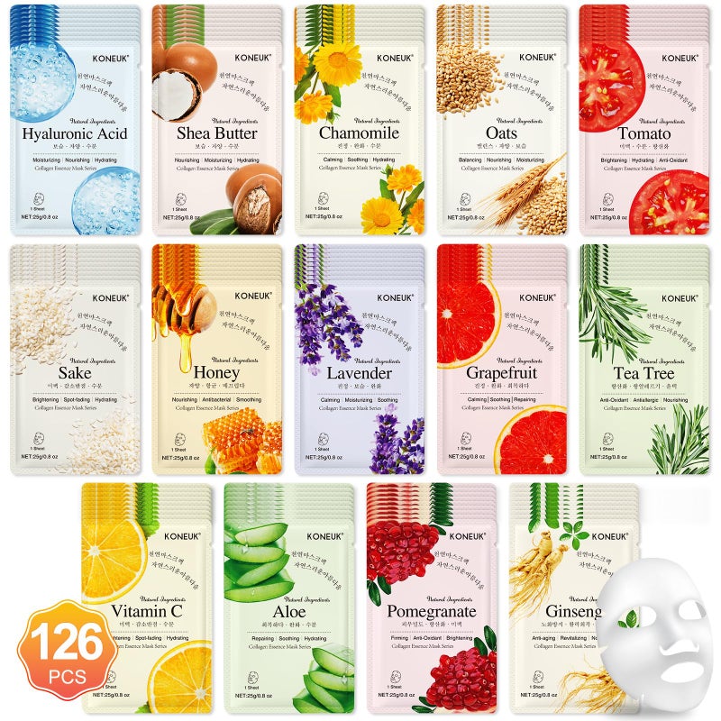 KONEUK 126 Pack Sheet Face Masks Skincare, Bulk Facial Mask Gifts Set for Women Skin Care, Hydrating Face Masks Suitable for All Skin Types, Face Mask Spa for Sensitive Skin - Image 1