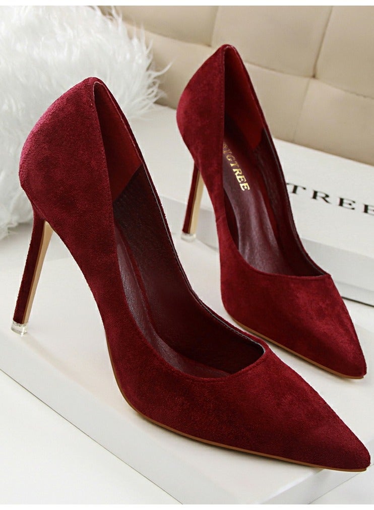 بيج تري Women's Elegant Coral Velvet Stiletto Pumps 9 CM Fashion Gorgeous Closed Pointed Toe Slip On Solid High Heels Dark Red - Image 2