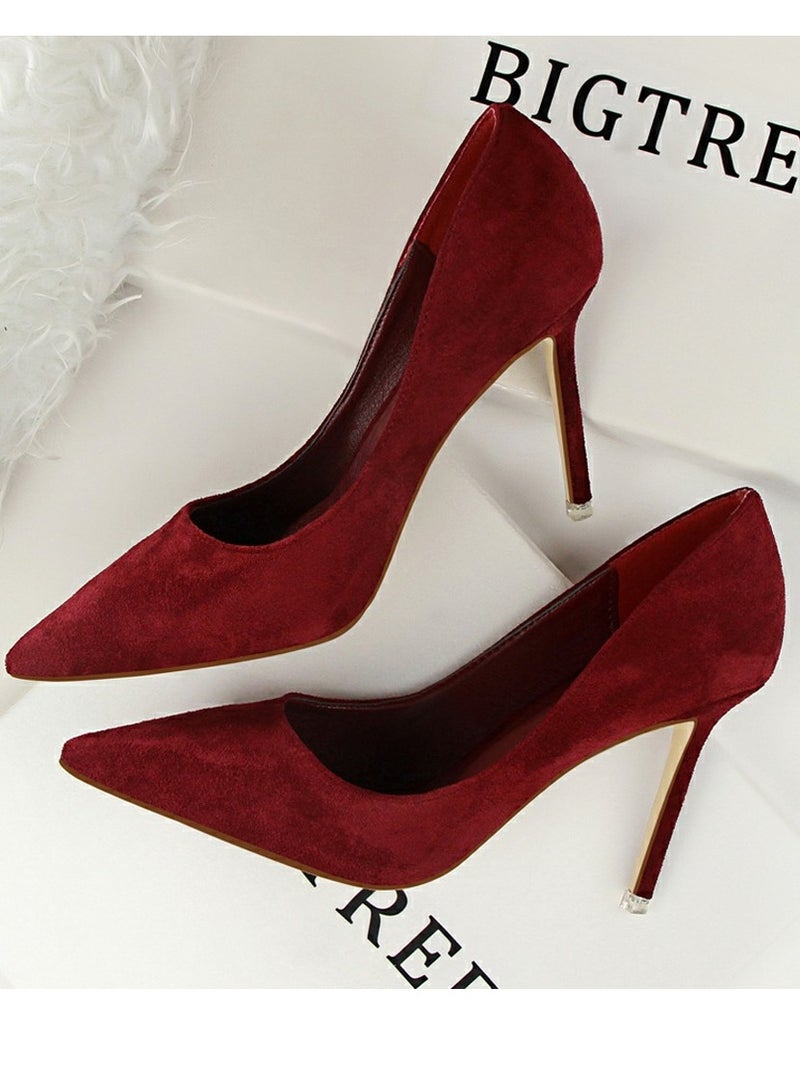 بيج تري Women's Elegant Coral Velvet Stiletto Pumps 9 CM Fashion Gorgeous Closed Pointed Toe Slip On Solid High Heels Dark Red - Image 3