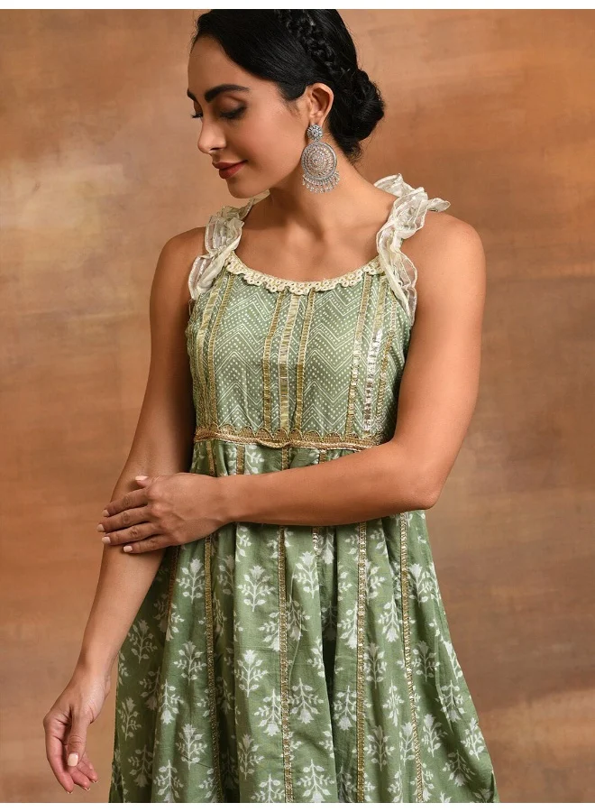 AKS Pastel Green Floral Print Midi Dress With Lace Work
