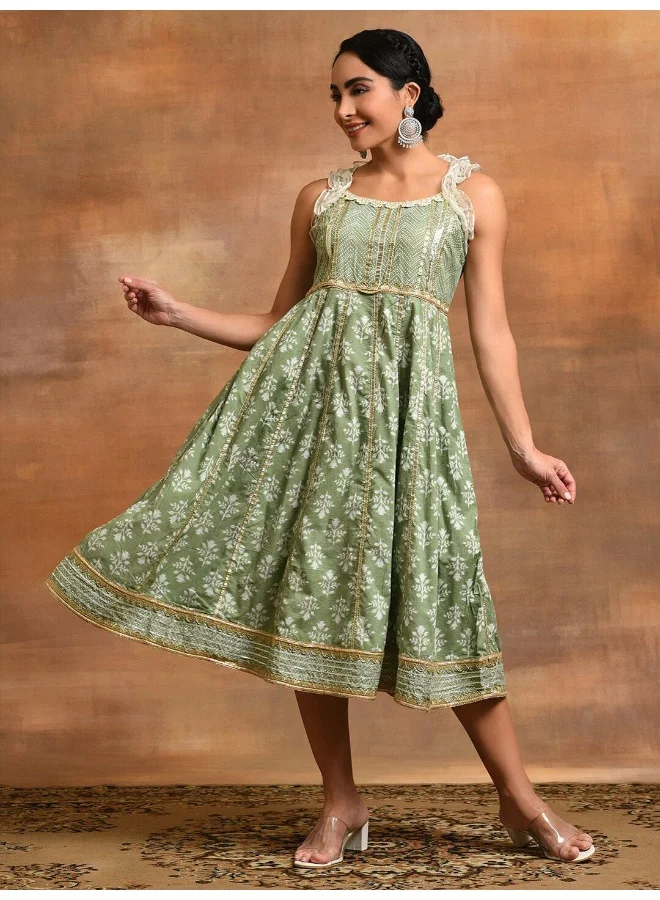 AKS Pastel Green Floral Print Midi Dress With Lace Work