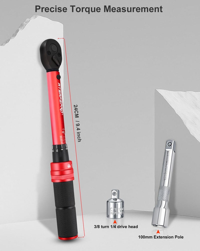 ATsafepro 3/8 torque wrench 20-240 in.lb, Inch Pound Torque Wrench Set with Extension & 3/8" to 1/4" Adapter - Â±3% Accuracy, Dual-Direction 72-Tooth for Bike, Motorcycle, Car & Engine Maintenance - Image 2