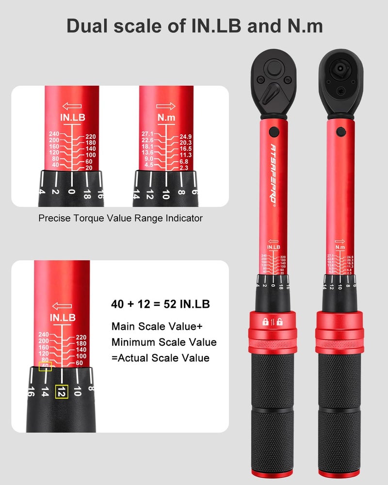 ATsafepro 3/8 torque wrench 20-240 in.lb, Inch Pound Torque Wrench Set with Extension & 3/8" to 1/4" Adapter - Â±3% Accuracy, Dual-Direction 72-Tooth for Bike, Motorcycle, Car & Engine Maintenance - Image 3