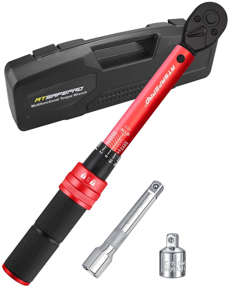 ATsafepro 3/8 torque wrench 20-240 in.lb, Inch Pound Torque Wrench Set with Extension & 3/8" to 1/4" Adapter - Â±3% Accuracy, Dual-Direction 72-Tooth for Bike, Motorcycle, Car & Engine Maintenance - Image 1