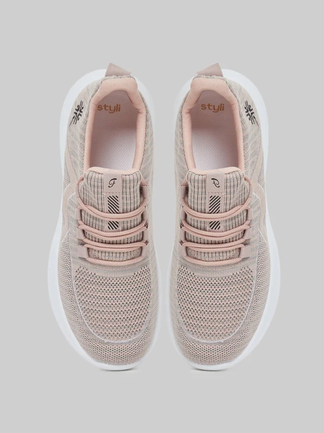 Styli pink Styli Pink Bungee Lace Knit Sneakers for Women | Best Price UAE