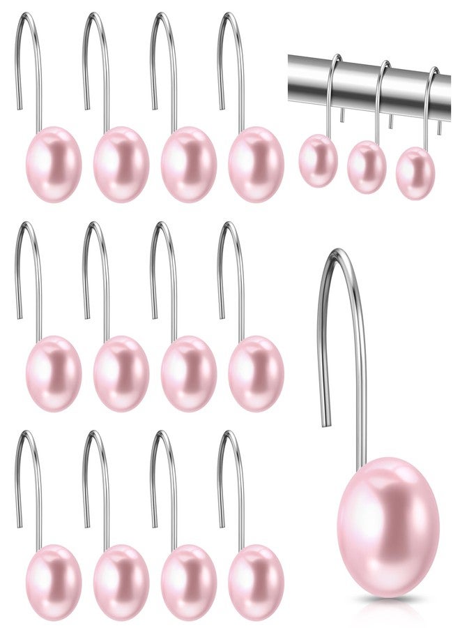 Threehoney 12 Pcs Cute Shower Curtain Hooks Shower Curtain Rings Artifical Pearl Decorative Vintage Rustproof Hooks for Bathroom Country Farmhouse Decor (Pink) - Image 1