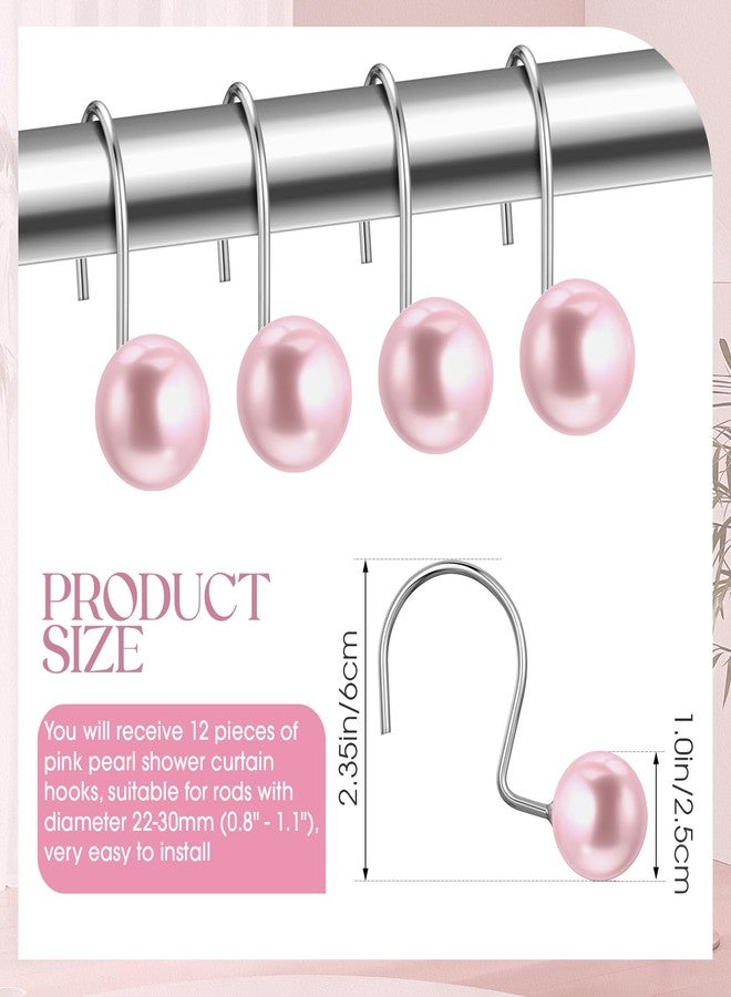 Threehoney 12 Pcs Cute Shower Curtain Hooks Shower Curtain Rings Artifical Pearl Decorative Vintage Rustproof Hooks for Bathroom Country Farmhouse Decor (Pink) - Image 2