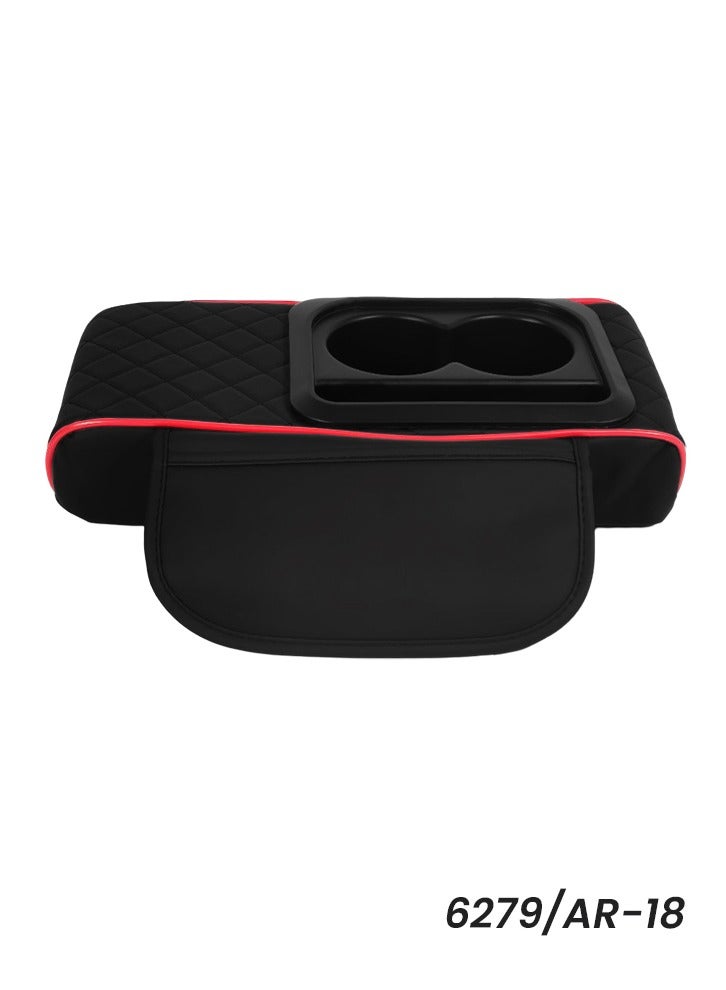 Universal Car Armrest Storage Box with Dual Cup Holder & Organizer | Black & Red PU Leather Memory Foam Cushion, Easy Strap Installation, Fits Most Cars & SUVs - Image 1