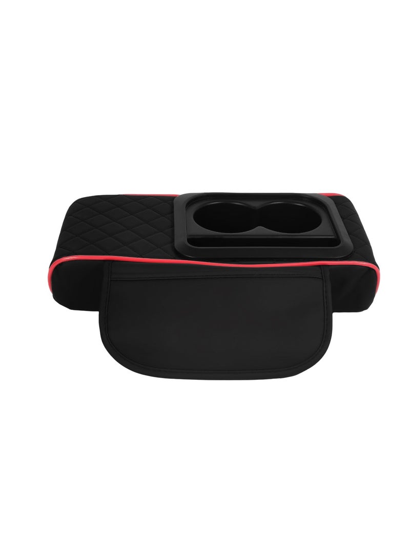 Universal Car Armrest Storage Box with Dual Cup Holder & Organizer | Black & Red PU Leather Memory Foam Cushion, Easy Strap Installation, Fits Most Cars & SUVs - Image 2
