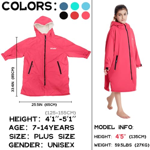 Hiturbo Warm Kids Swim Parka: Waterproof Changing Robe - Thick Fleece Lining - Oversize Swimming Coat - Hooded Surf Poncho (7-14Y, Pink) - Image 2