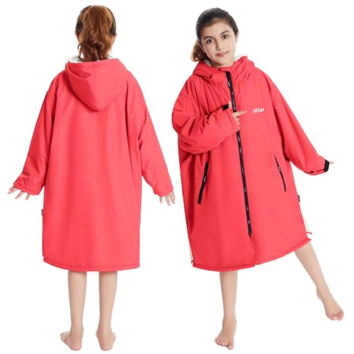 Hiturbo Warm Kids Swim Parka: Waterproof Changing Robe - Thick Fleece Lining - Oversize Swimming Coat - Hooded Surf Poncho (7-14Y, Pink) - Image 5