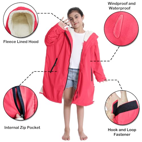 Hiturbo Warm Kids Swim Parka: Waterproof Changing Robe - Thick Fleece Lining - Oversize Swimming Coat - Hooded Surf Poncho (7-14Y, Pink) - Image 4